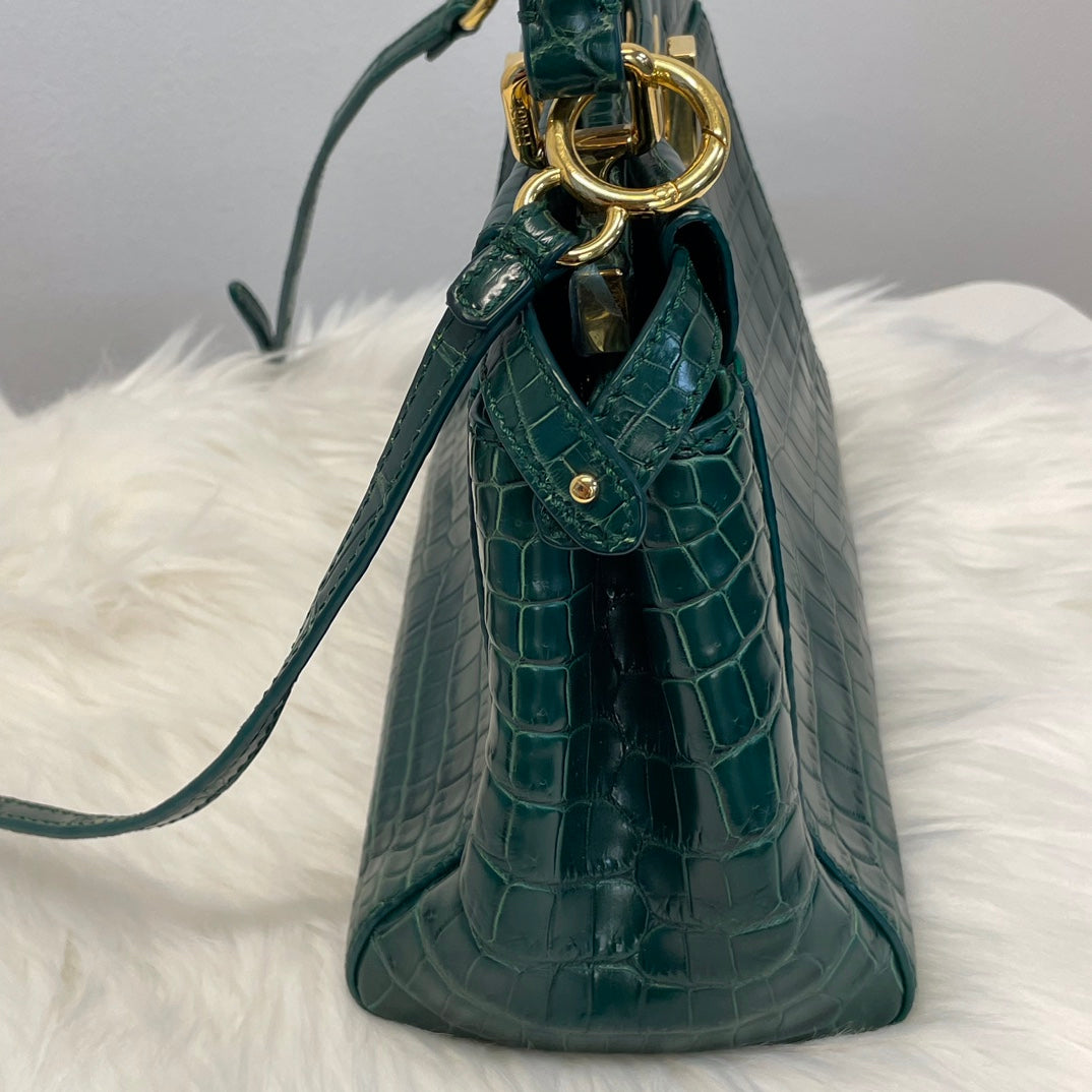 Fendi Peekaboo Dark Green Crocodile Leather 2Way Handbag [Used]