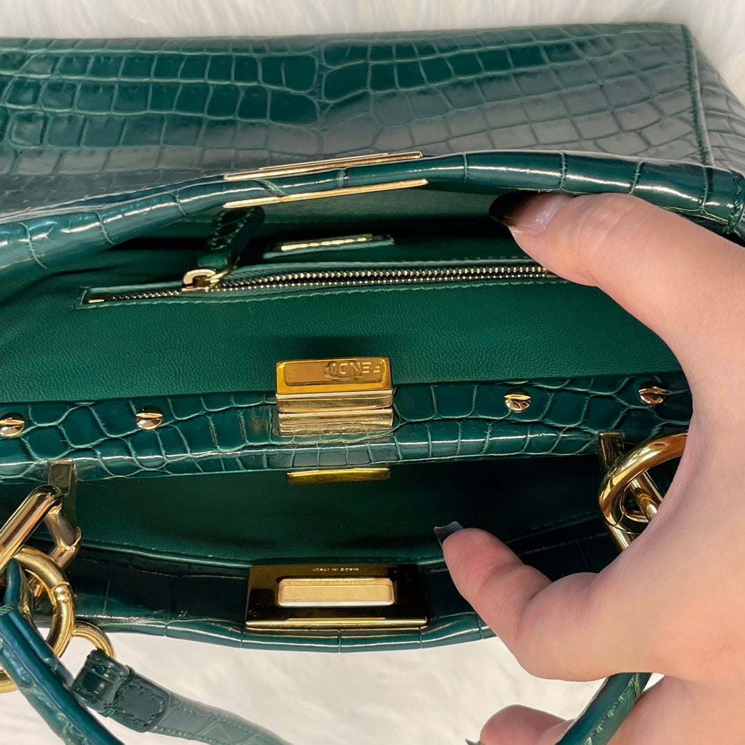 Fendi Peekaboo Dark Green Crocodile Leather 2Way Handbag [Used]