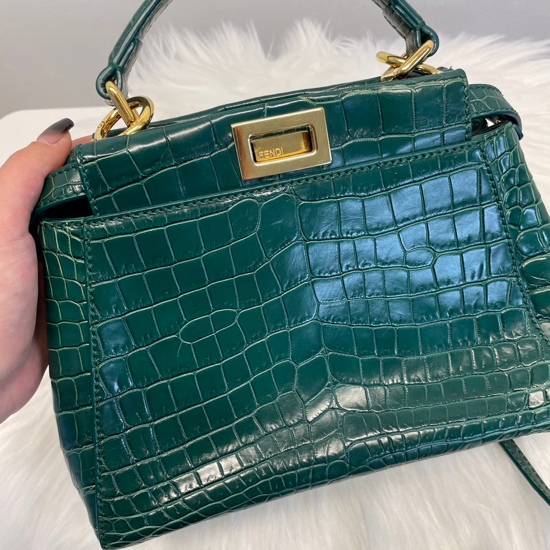 Fendi Peekaboo Dark Green Crocodile Leather 2Way Handbag [Used]