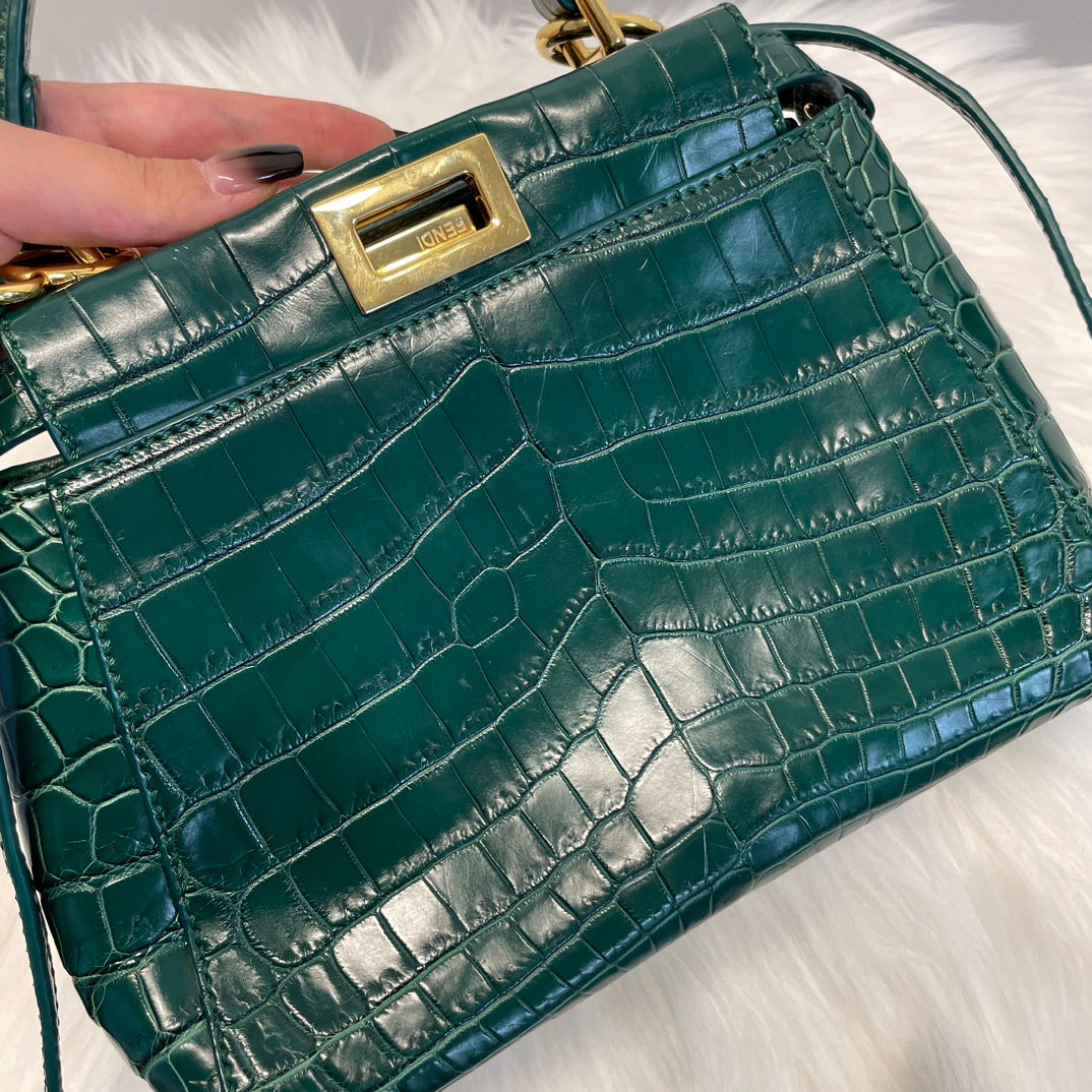 Fendi Peekaboo Dark Green Crocodile Leather 2Way Handbag [Used]