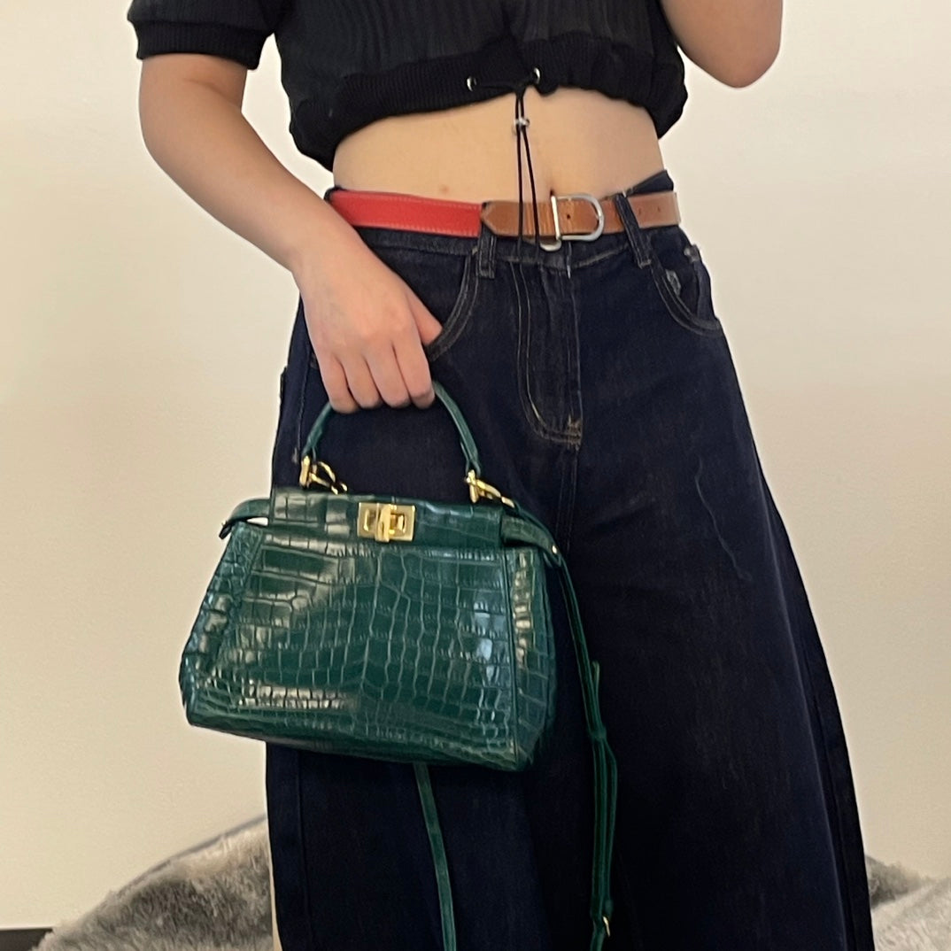 Fendi Peekaboo Dark Green Crocodile Leather 2Way Handbag [Used]