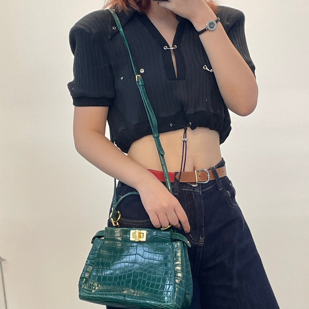 Fendi Peekaboo Dark Green Crocodile Leather 2Way Handbag [Used]