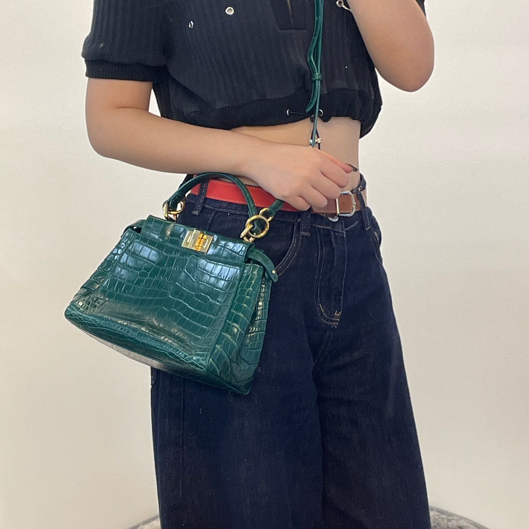 Fendi Peekaboo Dark Green Crocodile Leather 2Way Handbag [Used]