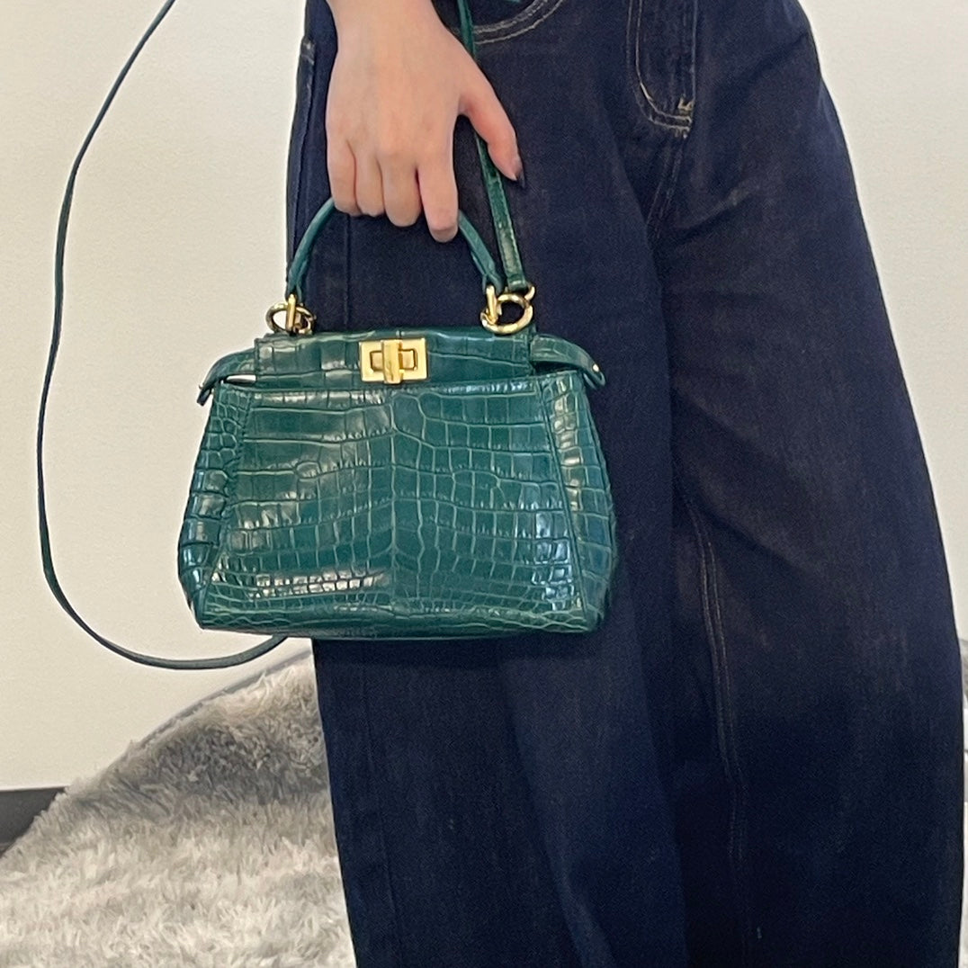 Fendi Peekaboo Dark Green Crocodile Leather 2Way Handbag [Used]