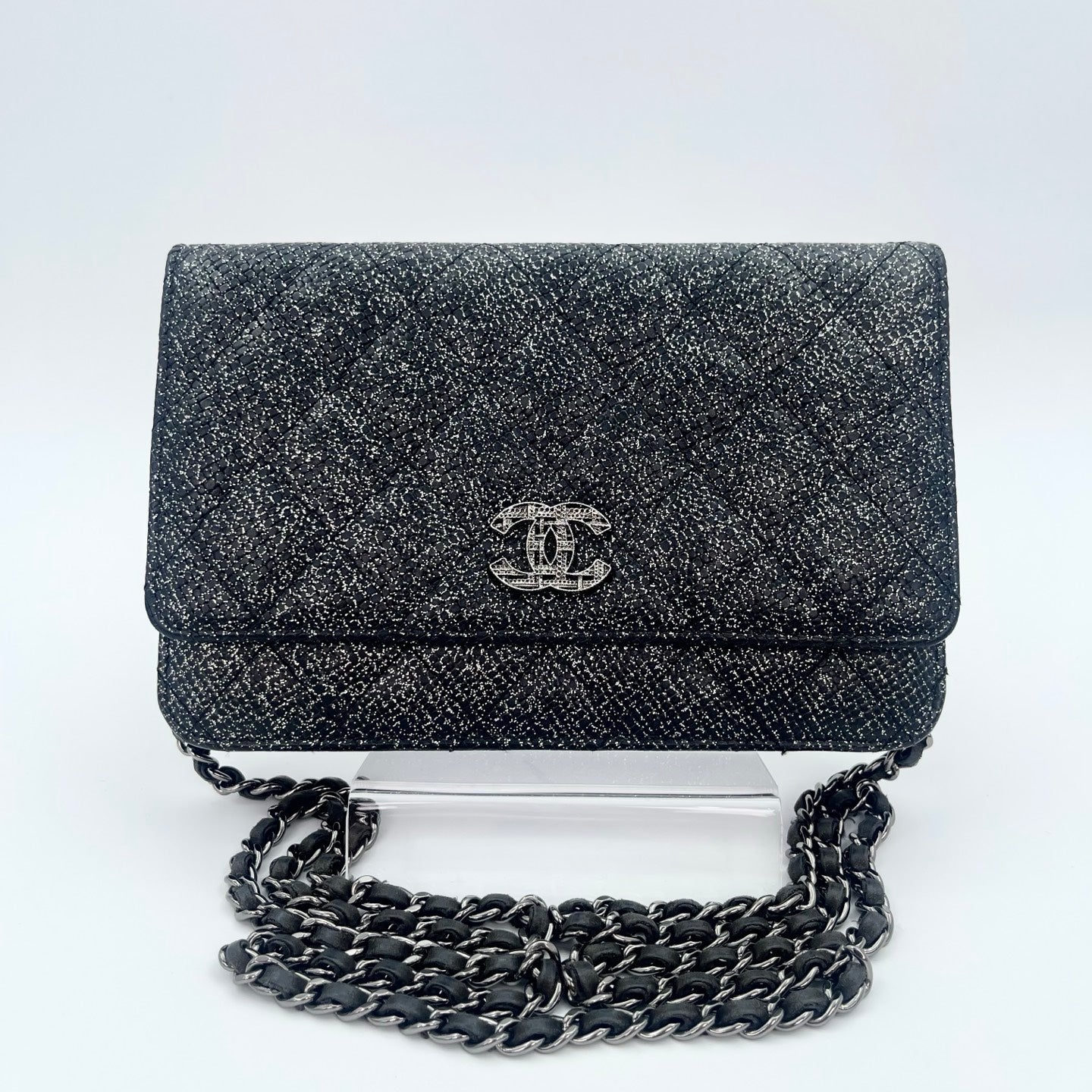 Chanel WOC Black Caviar Leather Glitter CC Chain Wallet  [Used]