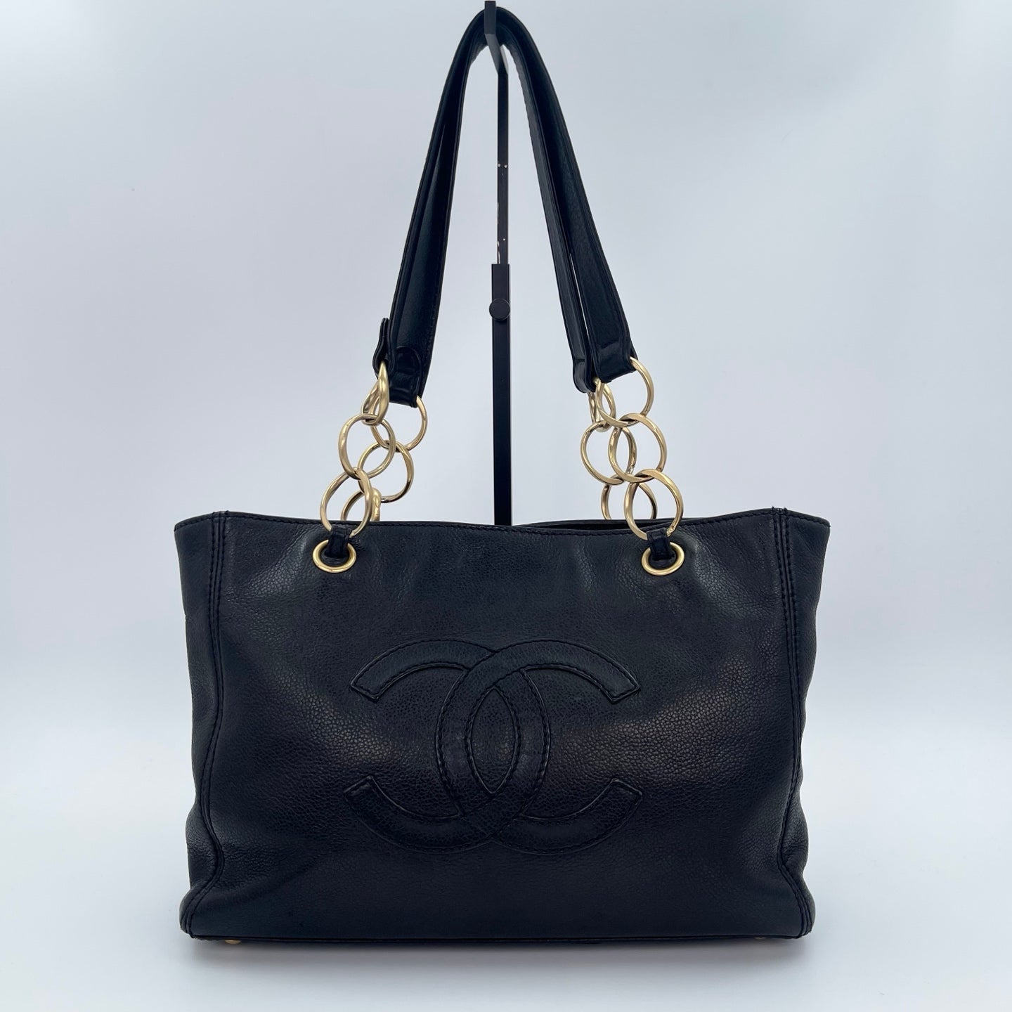 Chanel CC Logo Black Leather Chain Tote Bag Gold Hardware [Used]