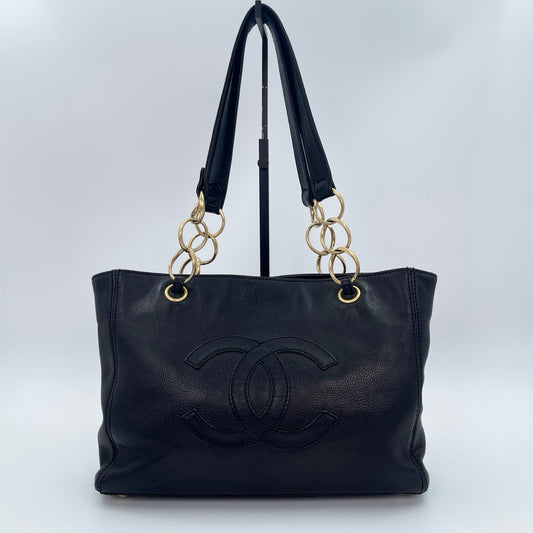 Chanel CC Logo Black Leather Chain Tote Bag Gold Hardware [Used]
