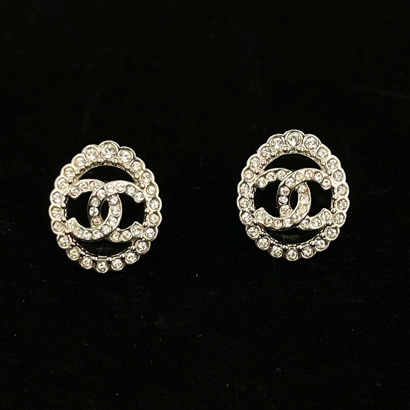 Chanel CC Silver Rhinestone Openwork Oval Stud Earrings [Used]