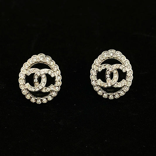 Chanel CC Silver Rhinestone Openwork Oval Stud Earrings [Used]