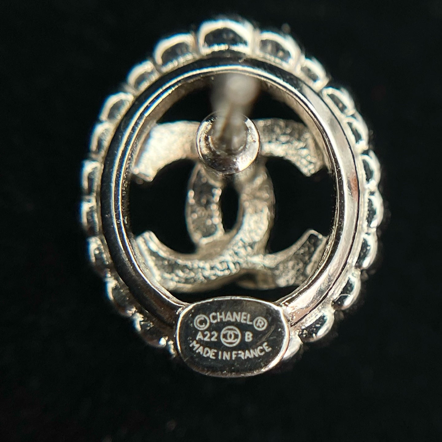 Chanel CC Silver Rhinestone Openwork Oval Stud Earrings [Used]