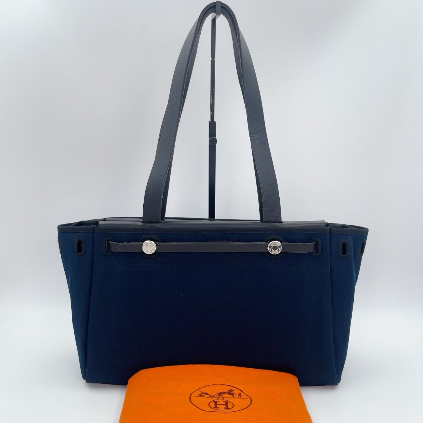 Hermès Herbag Cabas Black / Dark Blue Canvas × Leather Tote Bag Palladium  [Used]