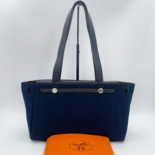 Hermès Herbag Cabas Black / Dark Blue Canvas × Leather Tote Bag Palladium  [Used]