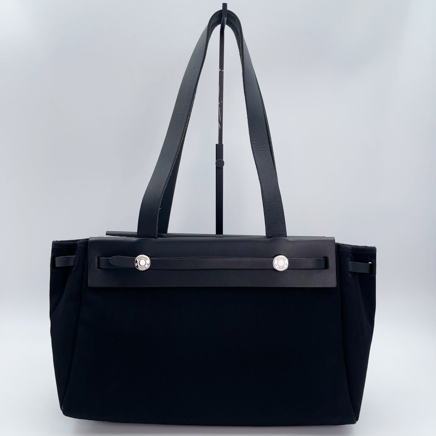Hermès Herbag Cabas Black / Dark Blue Canvas × Leather Tote Bag Palladium  [Used]