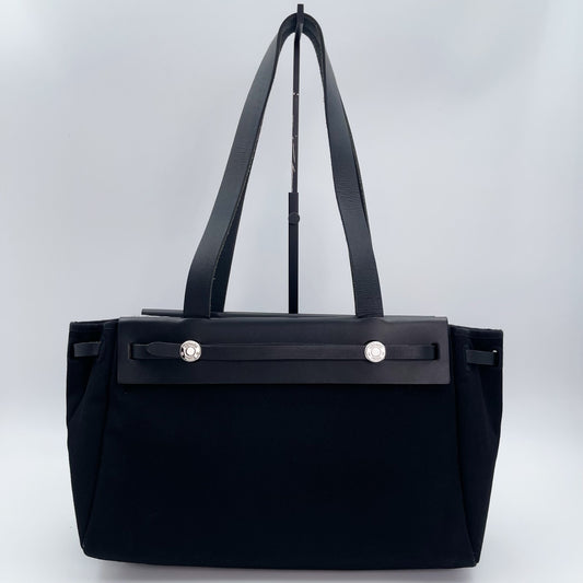 Hermès Herbag Cabas Black / Dark Blue Canvas × Leather Tote Bag Palladium  [Used]