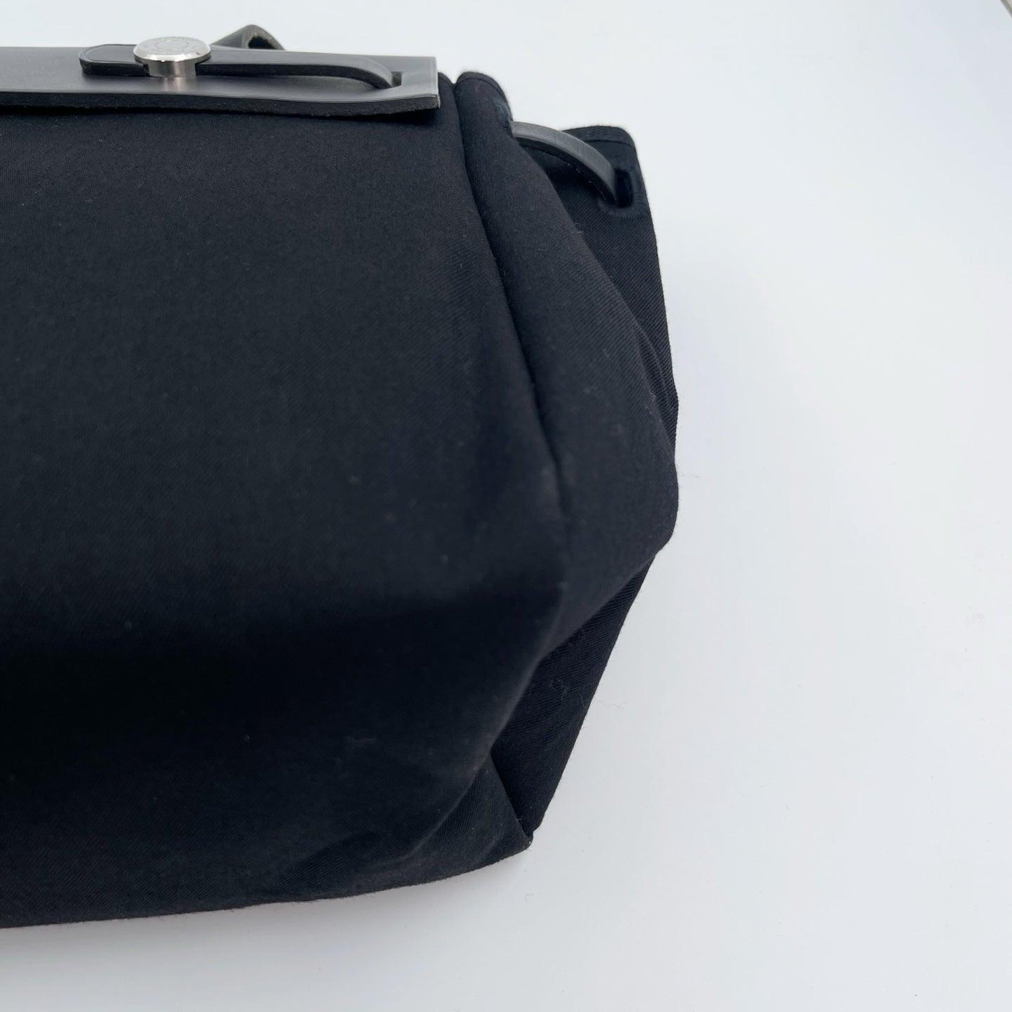 Hermès Herbag Cabas Black / Dark Blue Canvas × Leather Tote Bag Palladium  [Used]