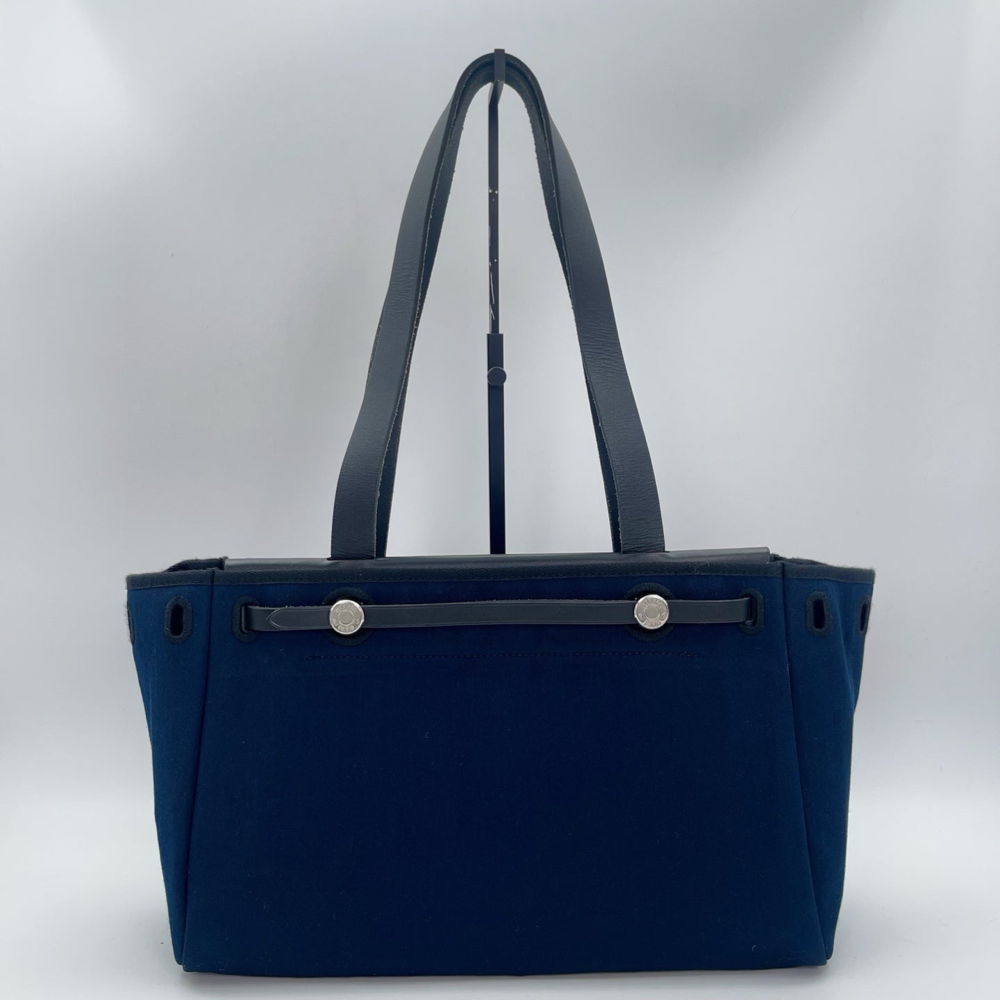 Hermès Herbag Cabas Black / Dark Blue Canvas × Leather Tote Bag Palladium  [Used]