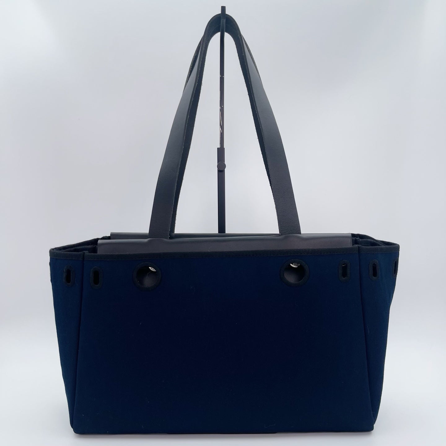 Hermès Herbag Cabas Black / Dark Blue Canvas × Leather Tote Bag Palladium  [Used]