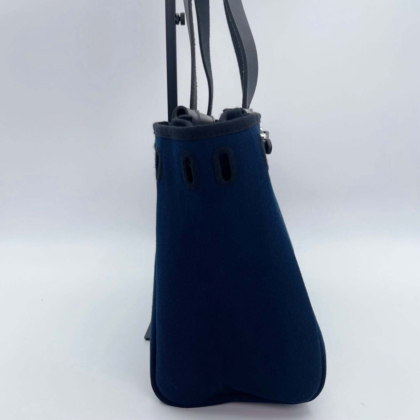 Hermès Herbag Cabas Black / Dark Blue Canvas × Leather Tote Bag Palladium  [Used]