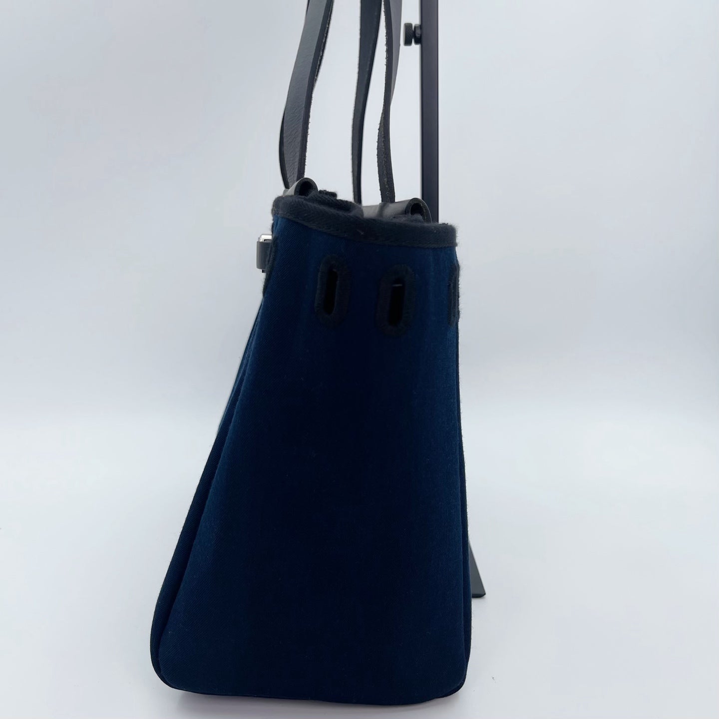 Hermès Herbag Cabas Black / Dark Blue Canvas × Leather Tote Bag Palladium  [Used]