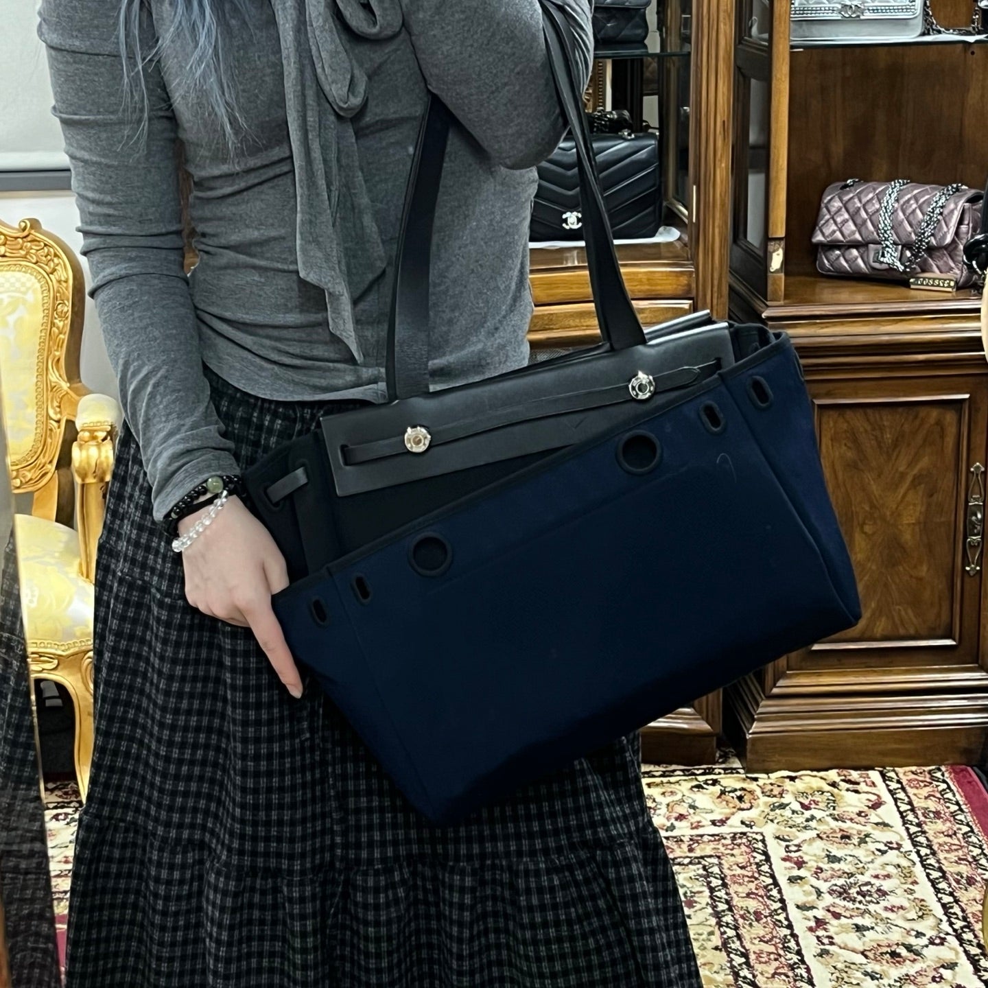 Hermès Herbag Cabas Black / Dark Blue Canvas × Leather Tote Bag Palladium  [Used]