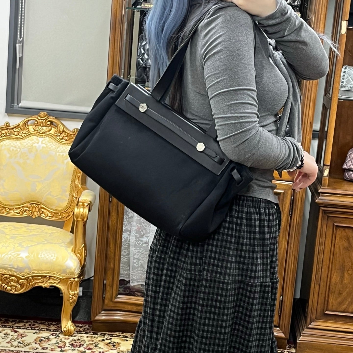 Hermès Herbag Cabas Black / Dark Blue Canvas × Leather Tote Bag Palladium  [Used]