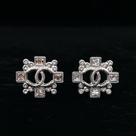 Chanel CC Silver Crystal Stud Earrings B16V [Used]