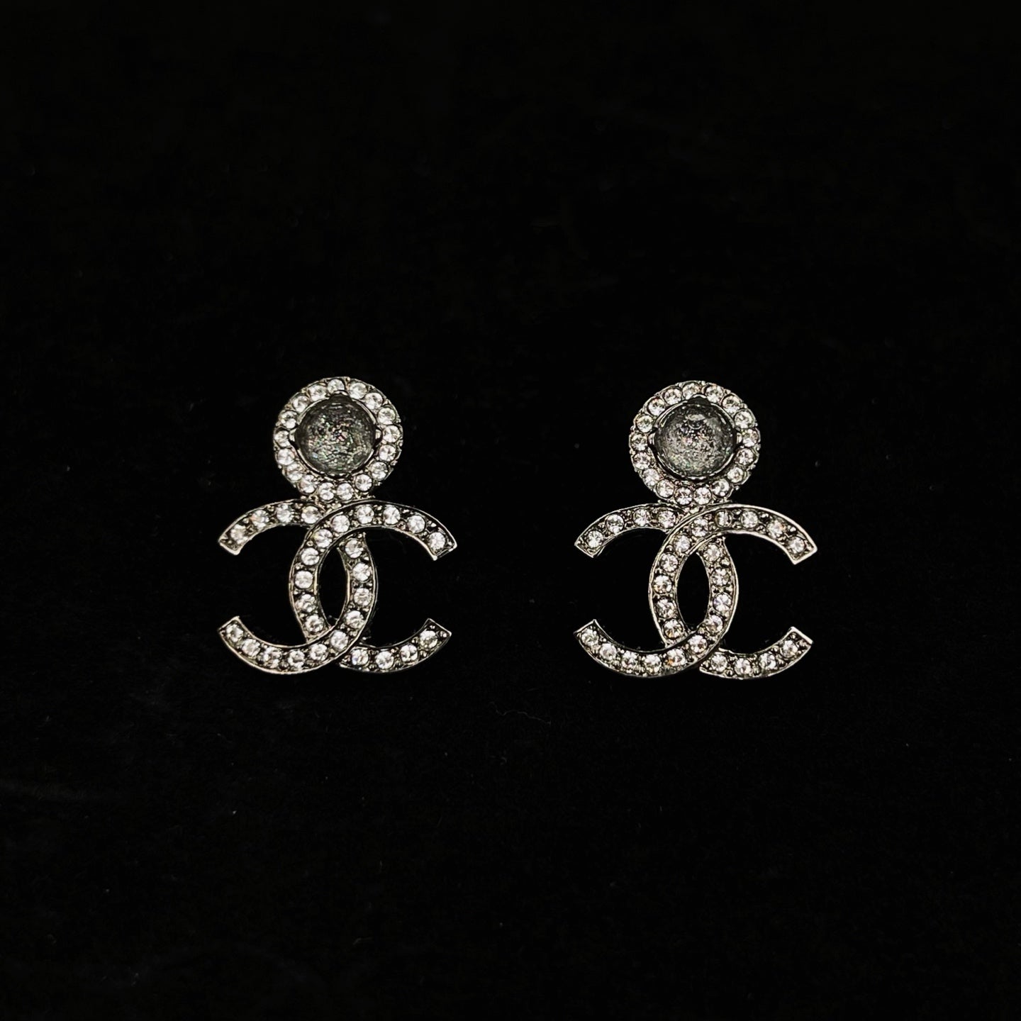 Chanel CC Crystal Stud Earrings Silver Black C23A [Used]