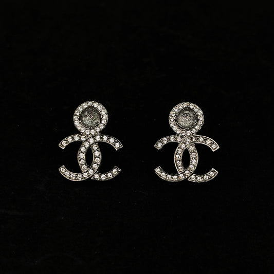 Chanel CC Crystal Stud Earrings Silver Black C23A [Used]