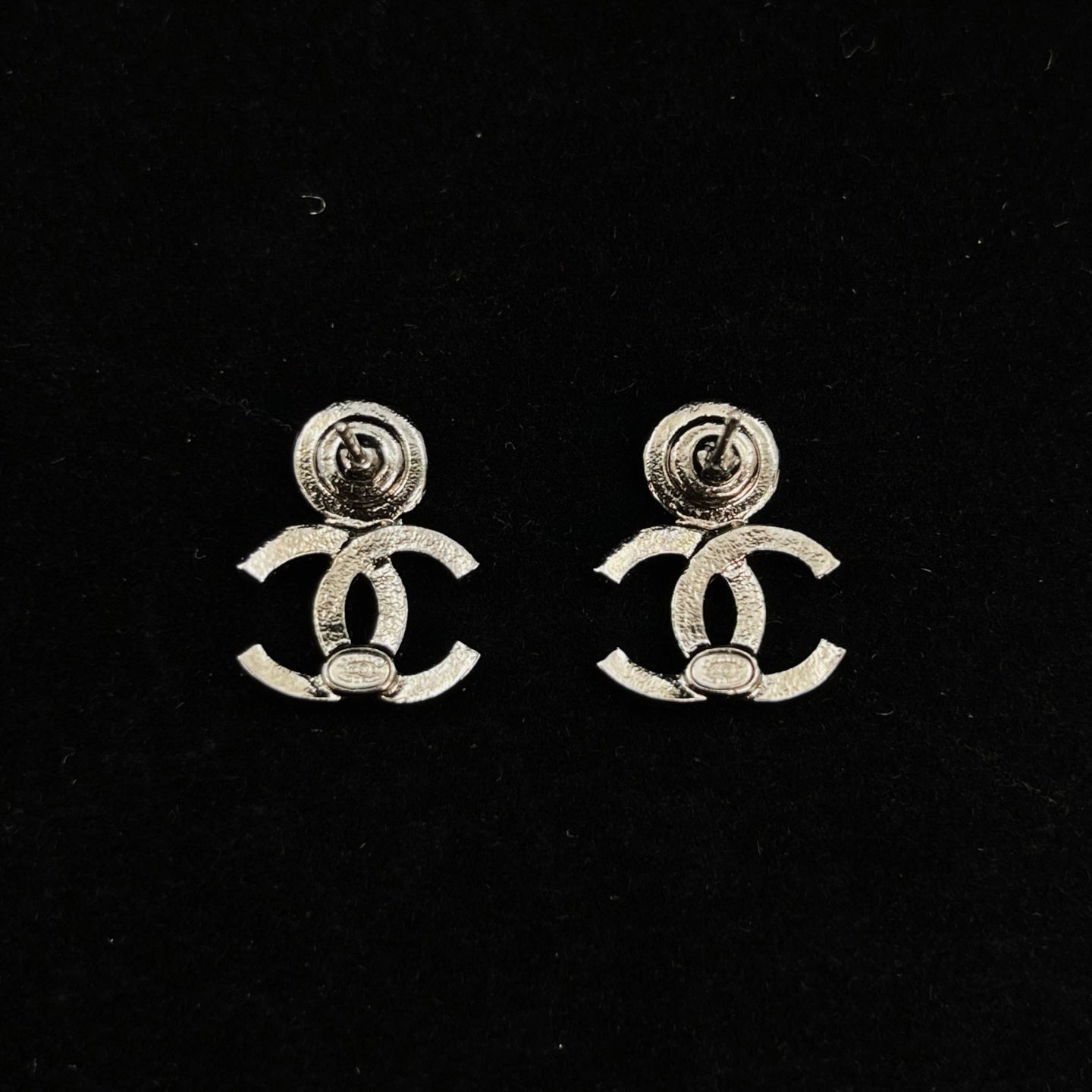 Chanel CC Crystal Stud Earrings Silver Black C23A [Used]