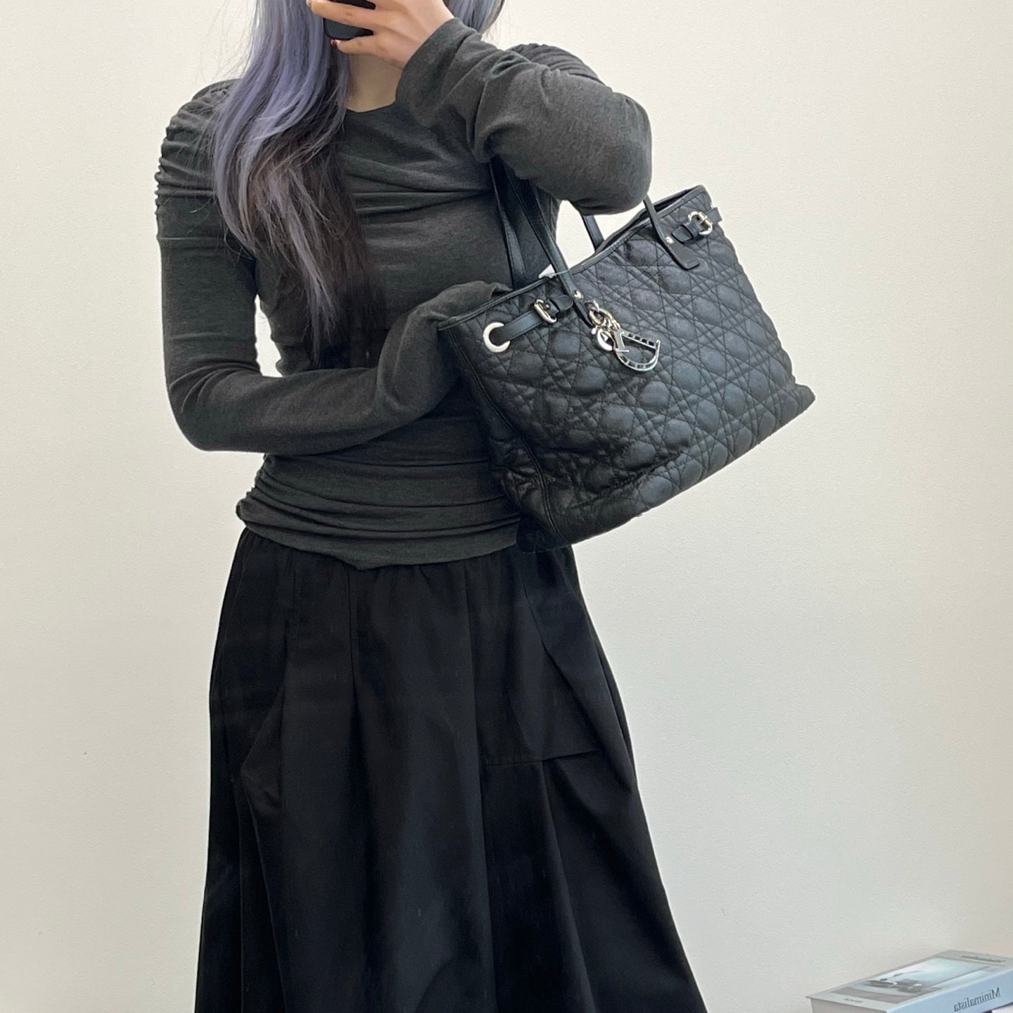 Dior Black Canvas Lady Dior Tote Bag Silver Hardware [Used]