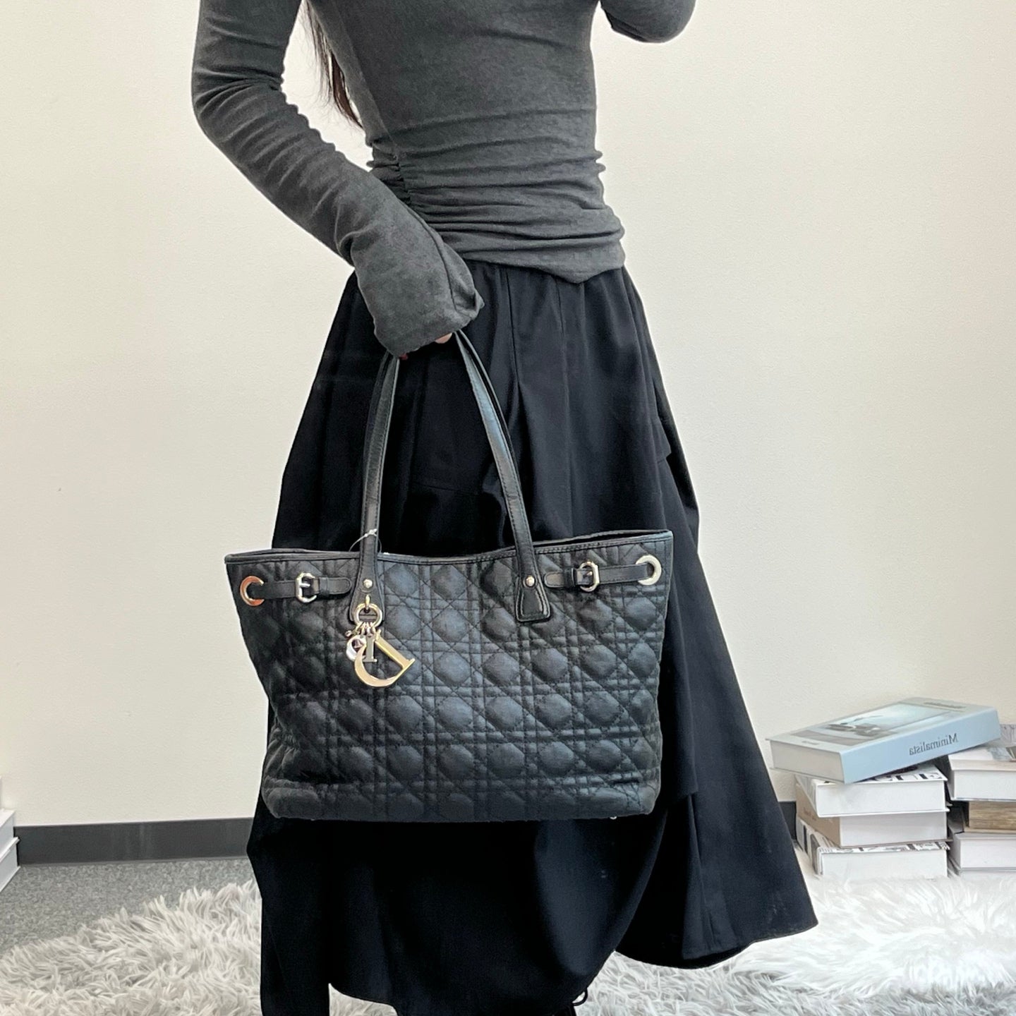 Dior Black Canvas Lady Dior Tote Bag Silver Hardware [Used]