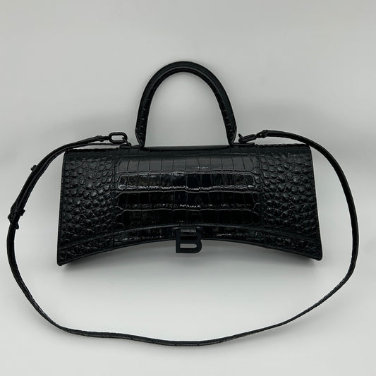Balenciaga Hourglass So Black Croc-Embossed Leather Shoulder Bag[Used]