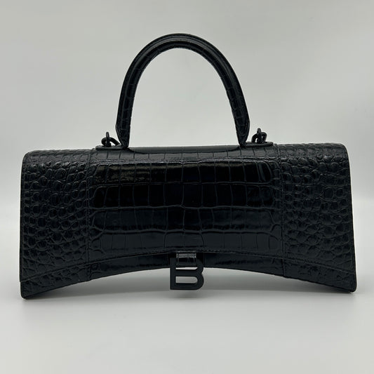Balenciaga Hourglass So Black Croc-Embossed Leather Shoulder Bag[Used]