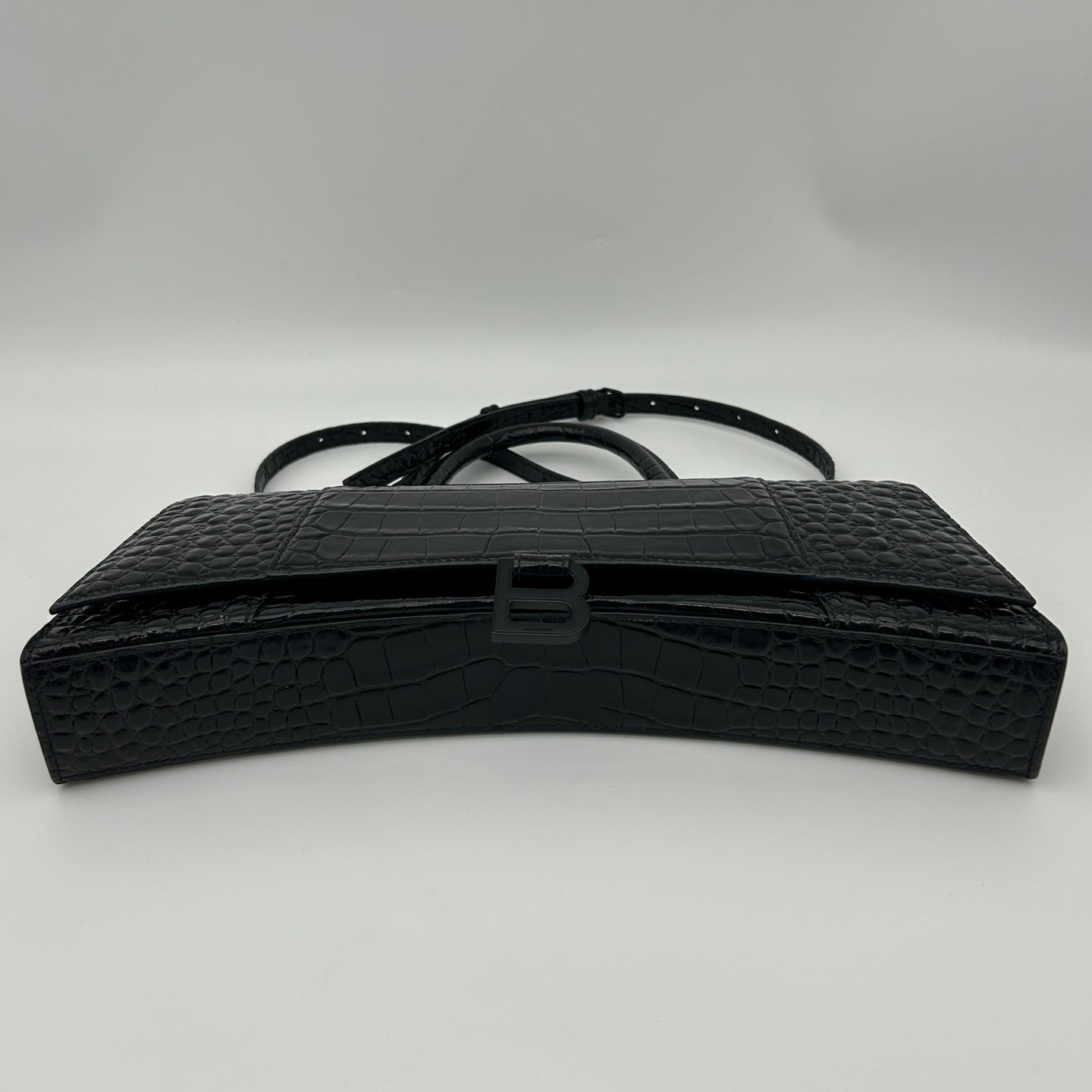 Balenciaga Hourglass So Black Croc-Embossed Leather Shoulder Bag[Used]