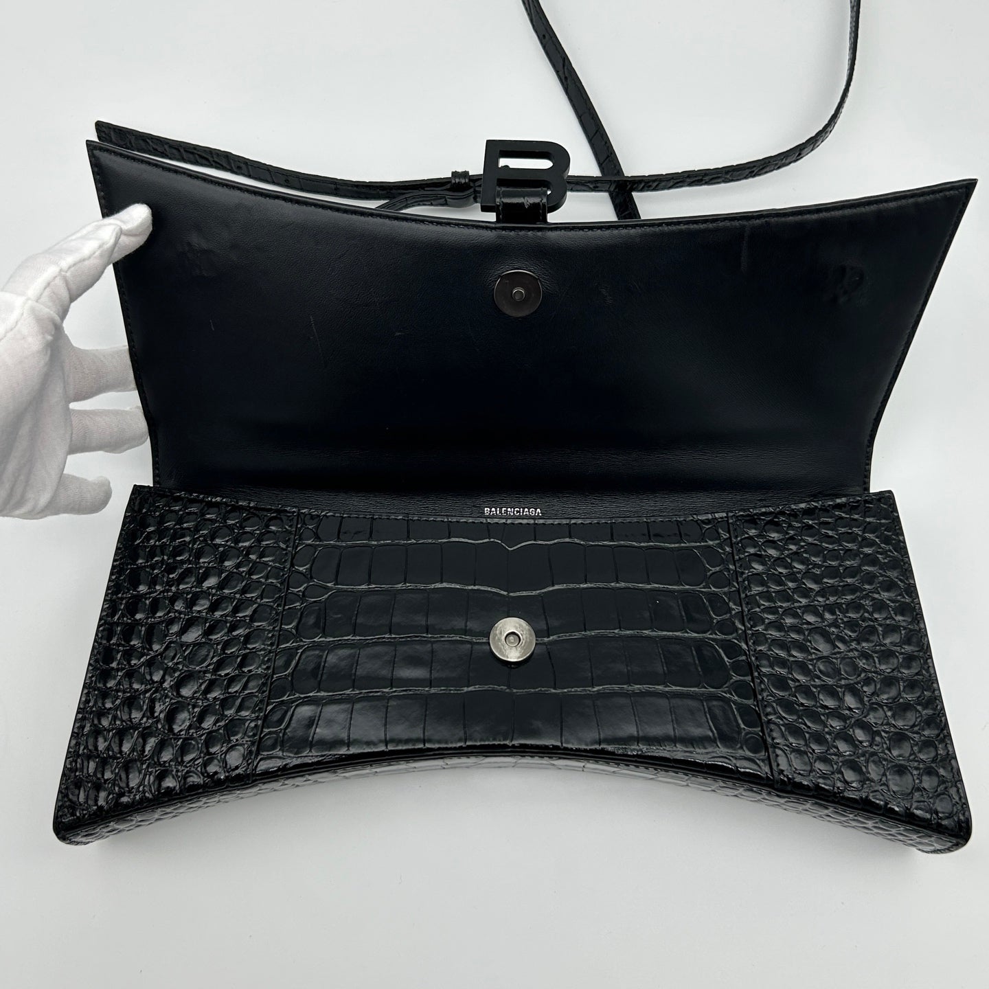 Balenciaga Hourglass So Black Croc-Embossed Leather Shoulder Bag[Used]