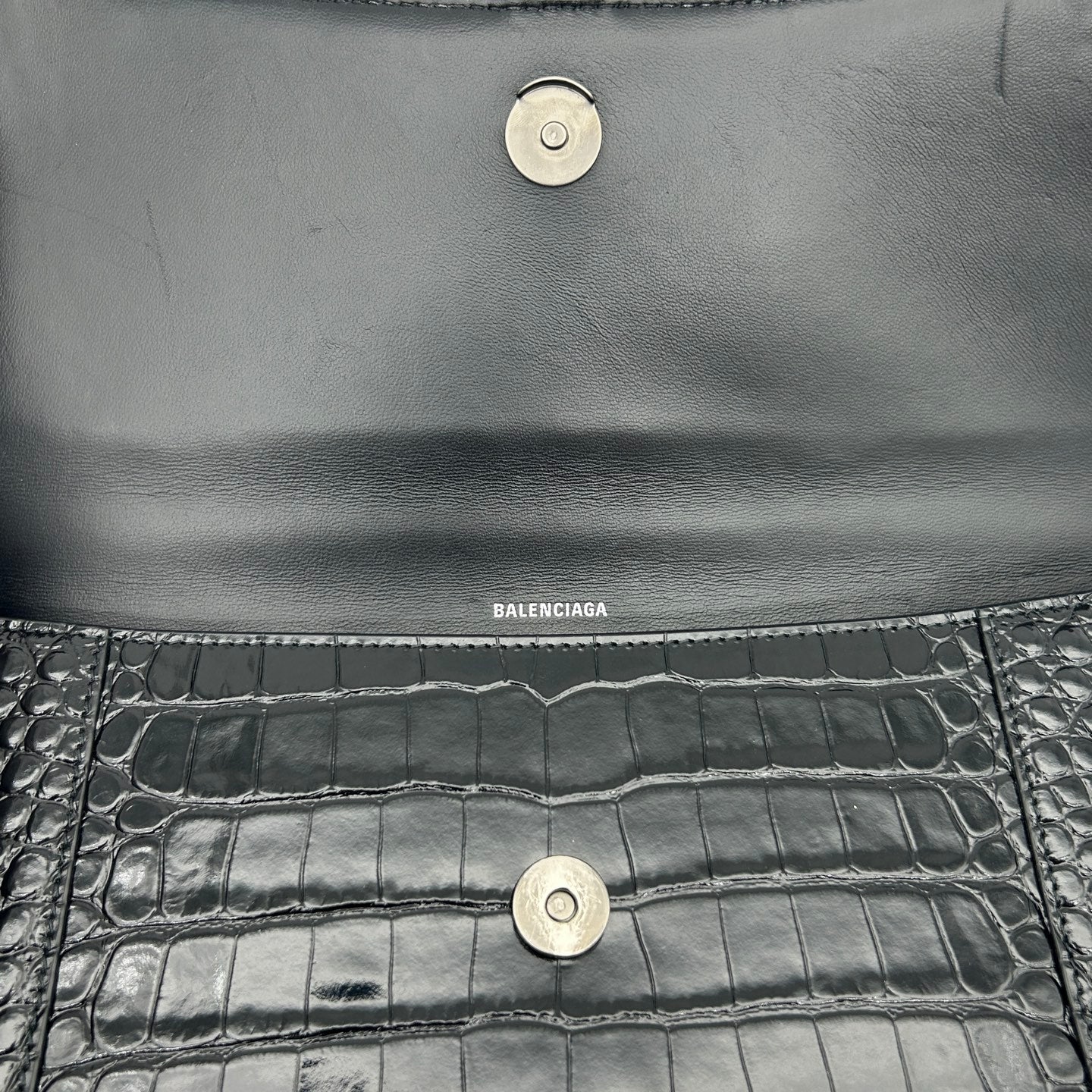 Balenciaga Hourglass So Black Croc-Embossed Leather Shoulder Bag[Used]