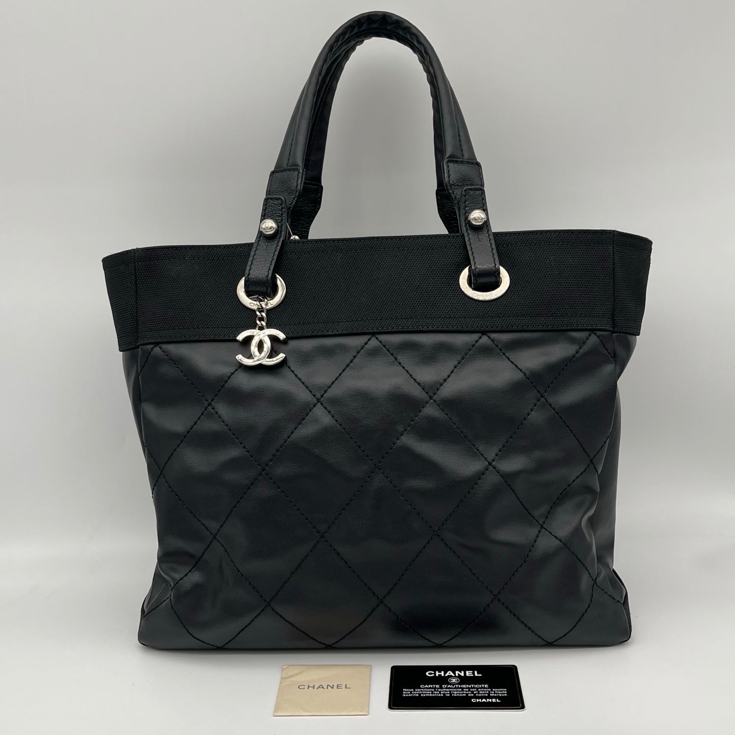 Chanel Black Quilted Coated Leather Canvas Tote Bag [Used]