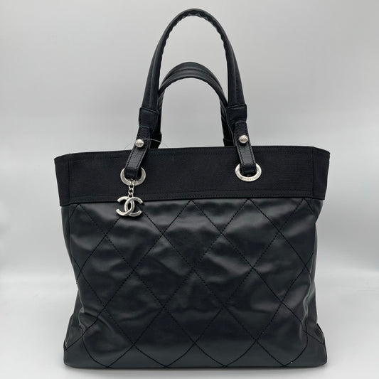 Chanel Black Quilted Coated Leather Canvas Tote Bag [Used]