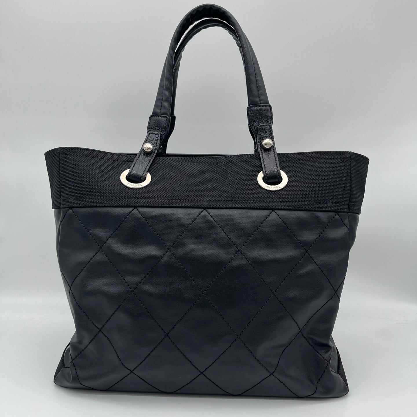 Chanel Black Quilted Coated Leather Canvas Tote Bag [Used]