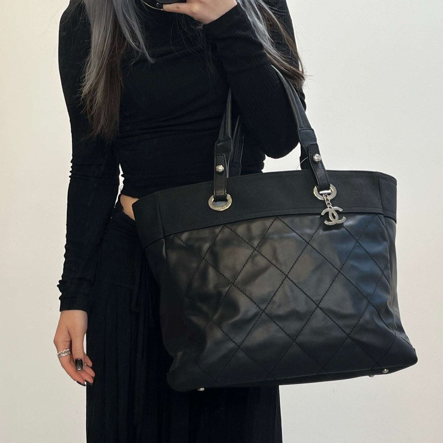 Chanel Black Quilted Coated Leather Canvas Tote Bag [Used]