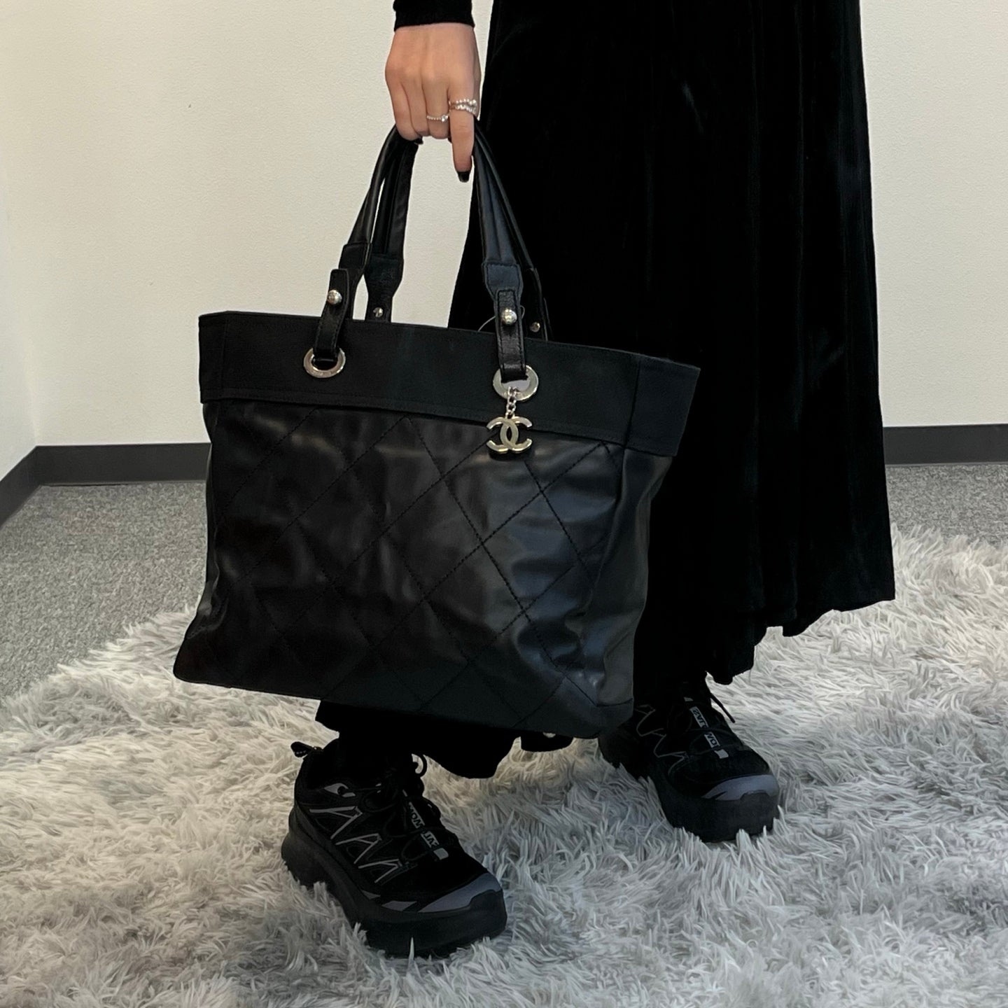 Chanel Black Quilted Coated Leather Canvas Tote Bag [Used]