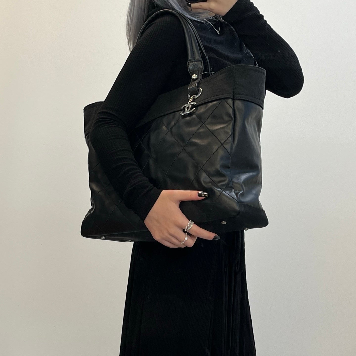 Chanel Black Quilted Coated Leather Canvas Tote Bag [Used]