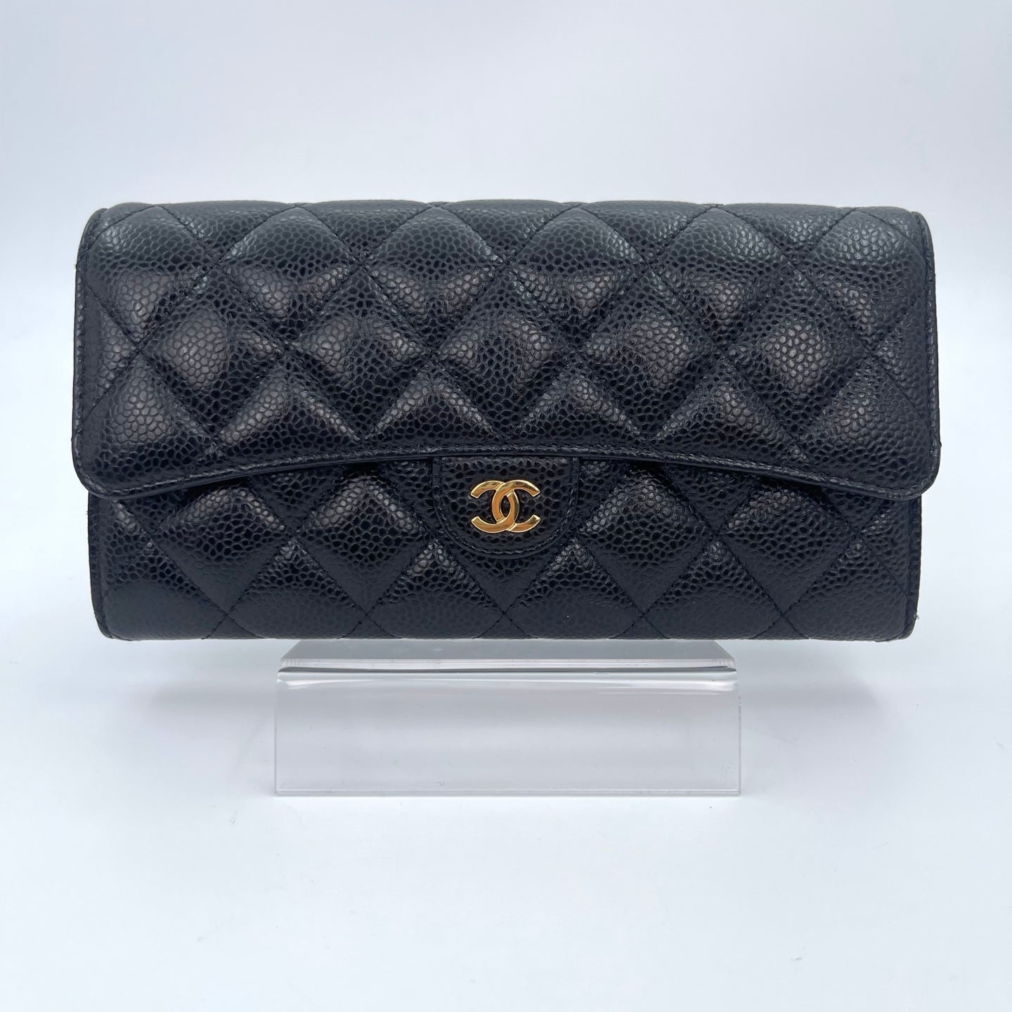 Chanel Classic Flap Black Caviar Leather Long Wallet Gold Hardware [Used]