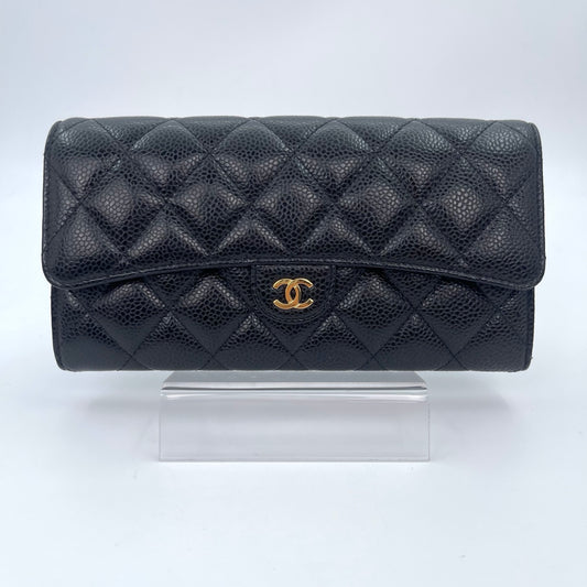 Chanel Classic Flap Black Caviar Leather Long Wallet Gold Hardware [Used]