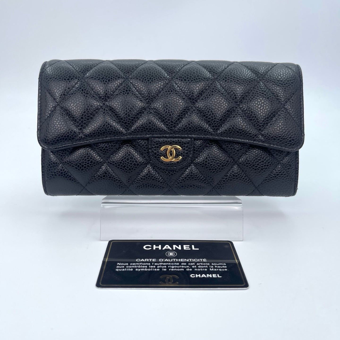 Chanel Classic Flap Black Caviar Leather Long Wallet Gold Hardware [Used]
