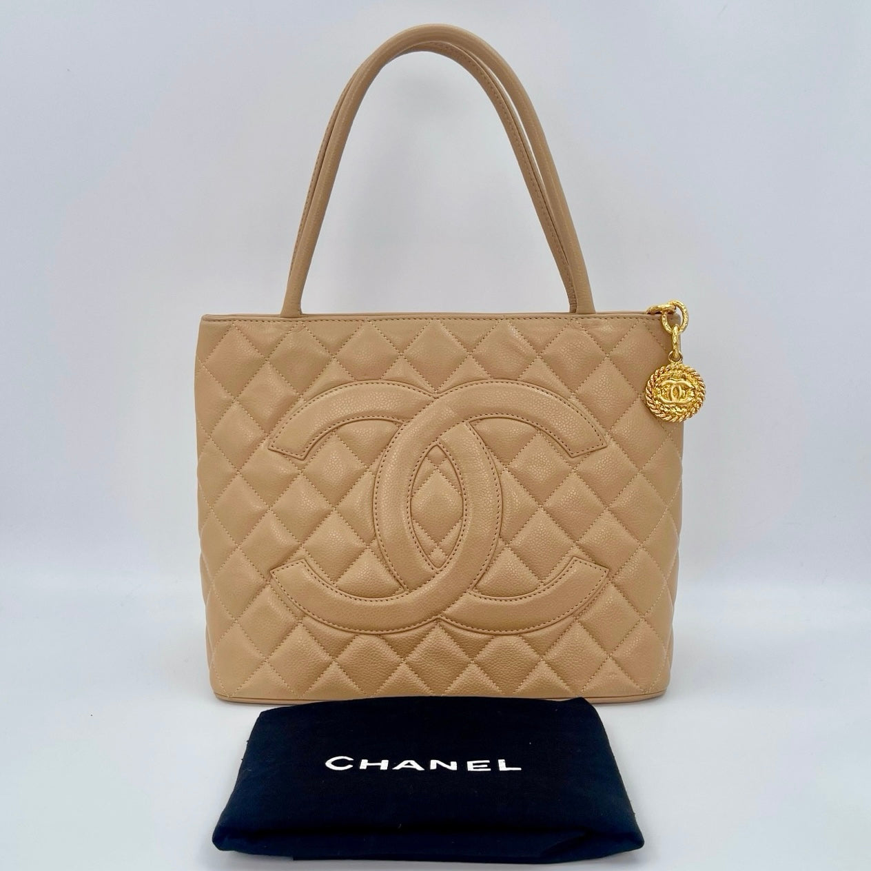 Chanel Beige Caviar Leather Medallion Tote Bag Gold Hardware [Used]