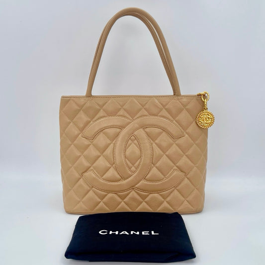 Chanel Beige Caviar Leather Medallion Tote Bag Gold Hardware [Used]