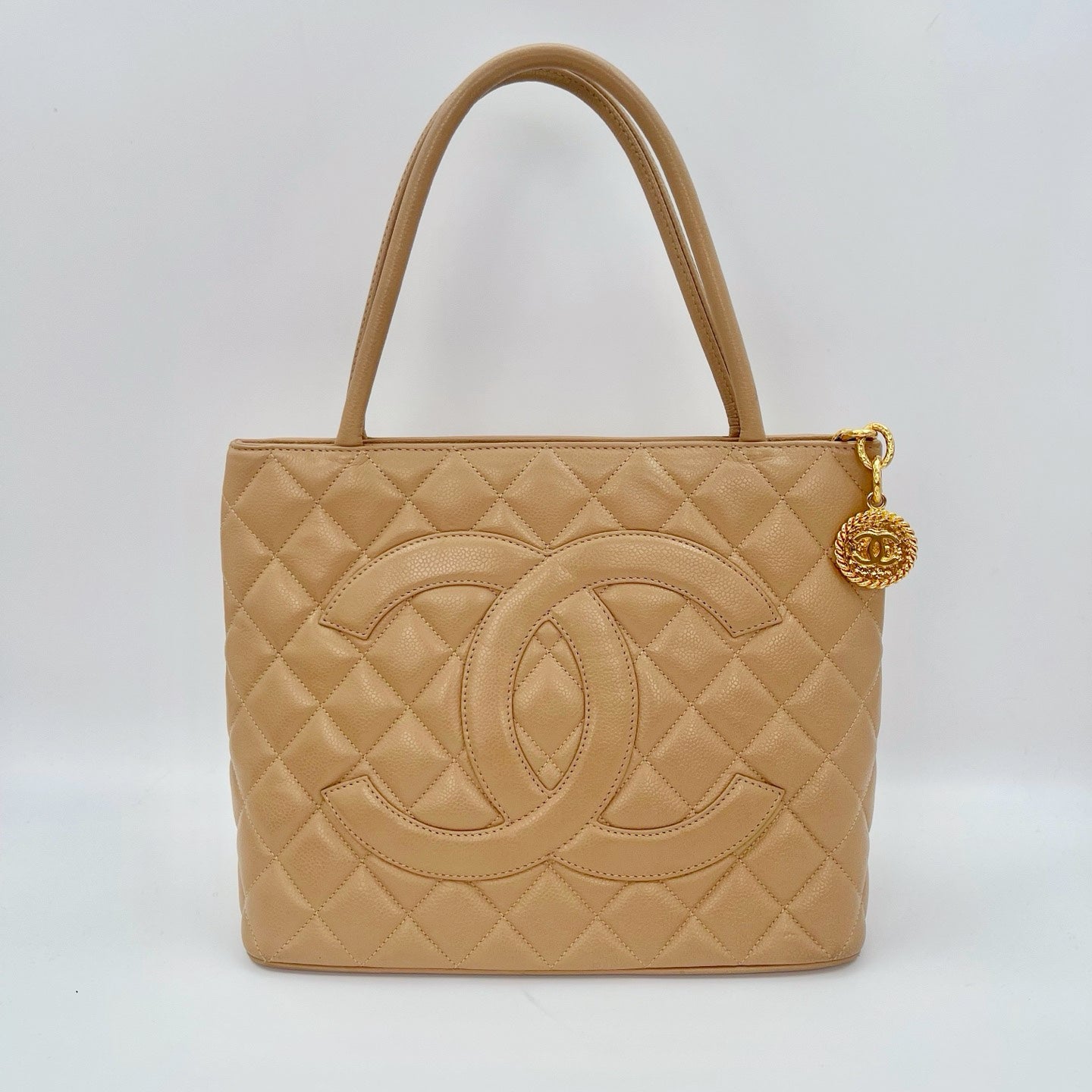 Chanel Beige Caviar Leather Medallion Tote Bag Gold Hardware [Used]