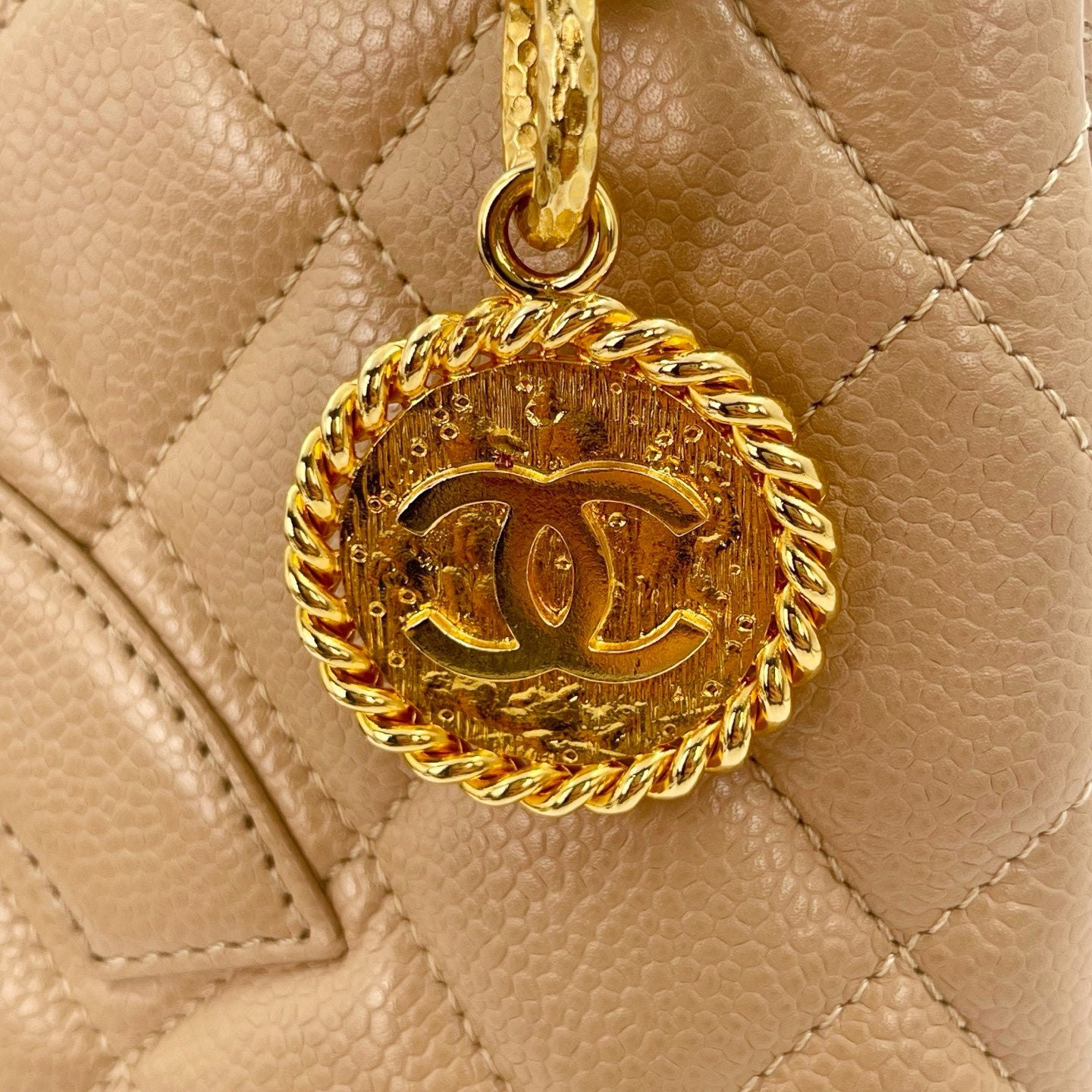 Chanel Beige Caviar Leather Medallion Tote Bag Gold Hardware [Used]