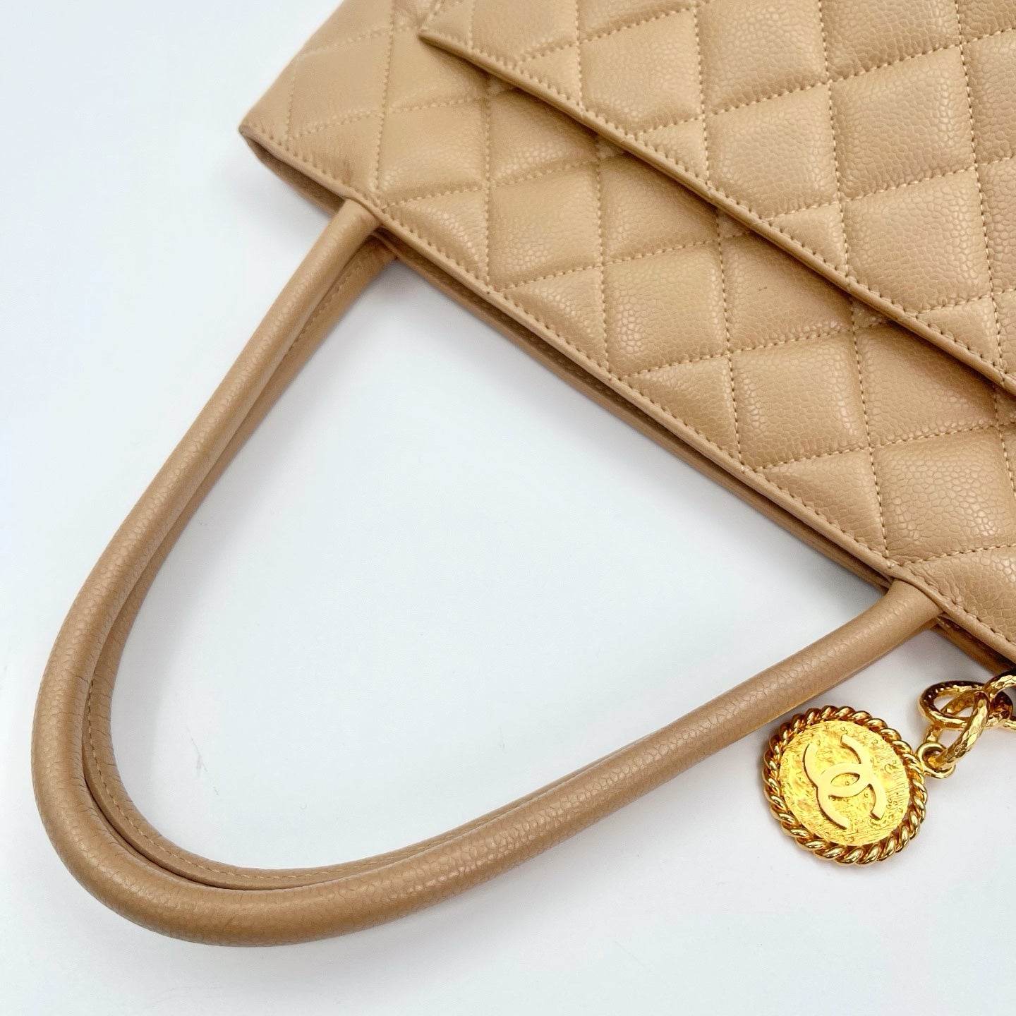 Chanel Beige Caviar Leather Medallion Tote Bag Gold Hardware [Used]